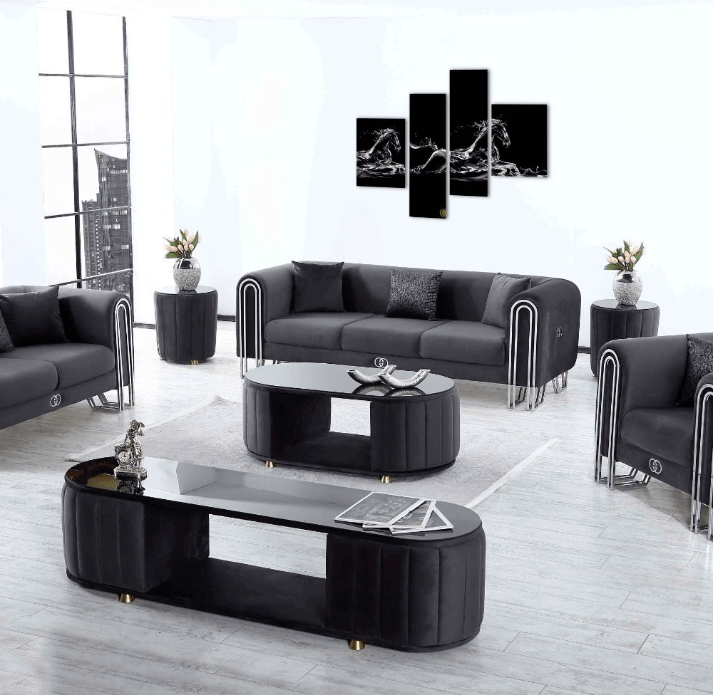 Maria spffgrupp i mörkgrå färg med silverfärgade ben.