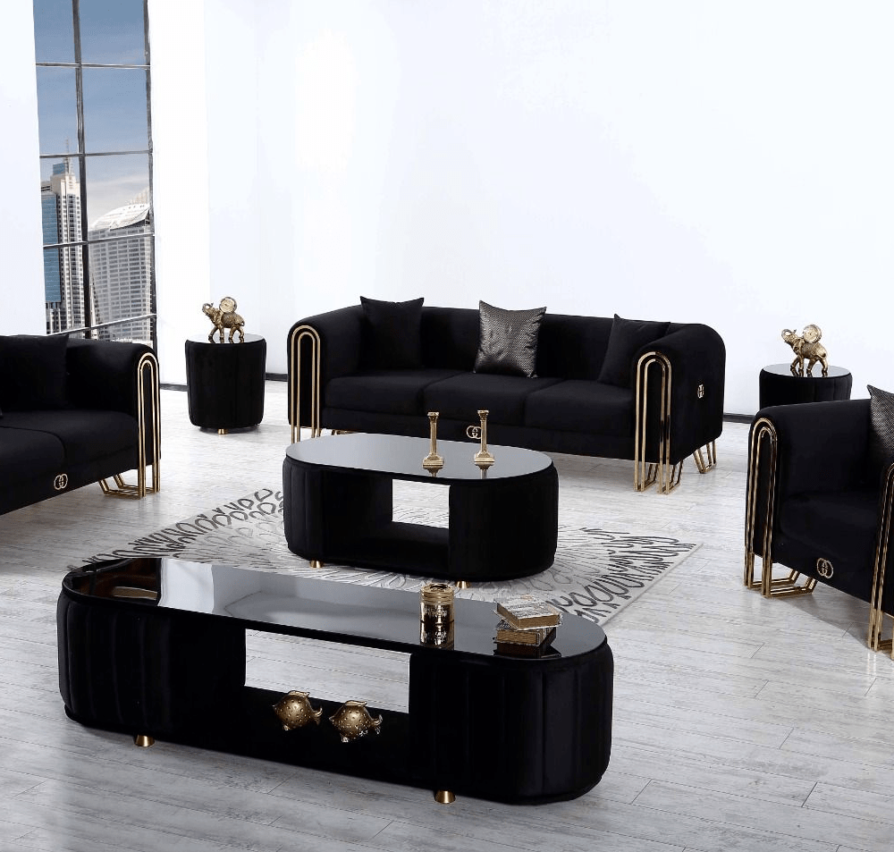 Maria soffgrupp i svart färg med guldfärgade ben.